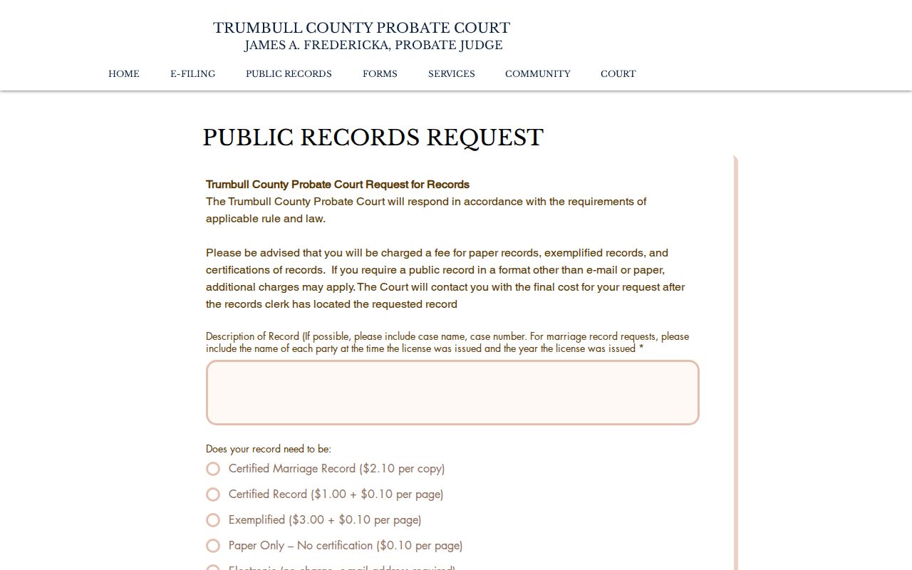 Trumbull County resident lookup Probate public records request form