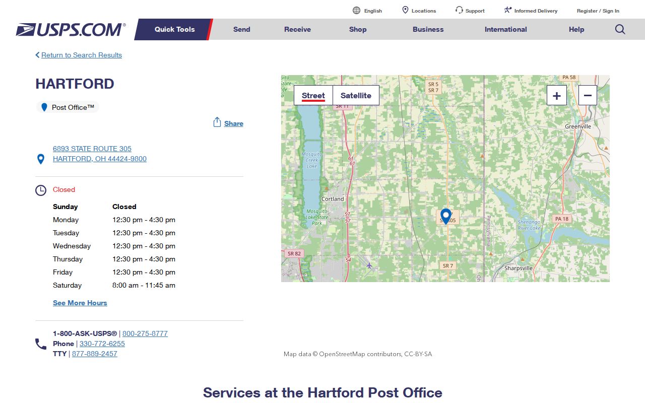 Trumbull County ZIP code directory Hartford Post Office listing